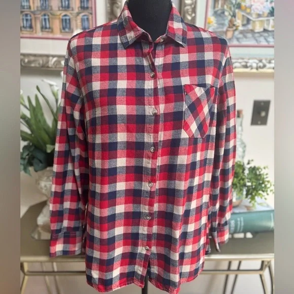 Field & Stream Red and Blue Plaid Buffalo Check Casual Barn Flannel Shirt Sz L - Picture 2 of 8